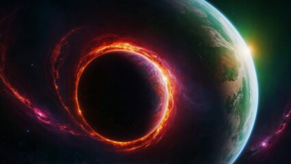 Terrestrial Planet with Vibrant Fiery Ring System in Space