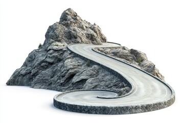 Winding road curving around a rocky mountain isolated on white background.