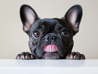 A curious black French Bulldog peeks over a surface, playfully sticking out its tongue.