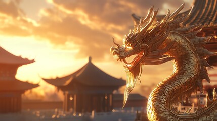 Fototapeta premium Golden dragon statue standing majestically in front of a traditional Chinese temple during sunset