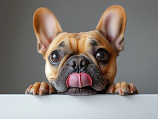 A cute French Bulldog with big eyes and a playful expression, sticking out its tongue while peering over a surface.