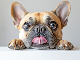 A close-up of a French Bulldog with big eyes and a playful expression, resting its chin on a surface and sticking out its tongue.