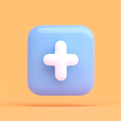 Obraz premium Blue Rounded Square Icon with White Plus Sign on Soft Orange Background