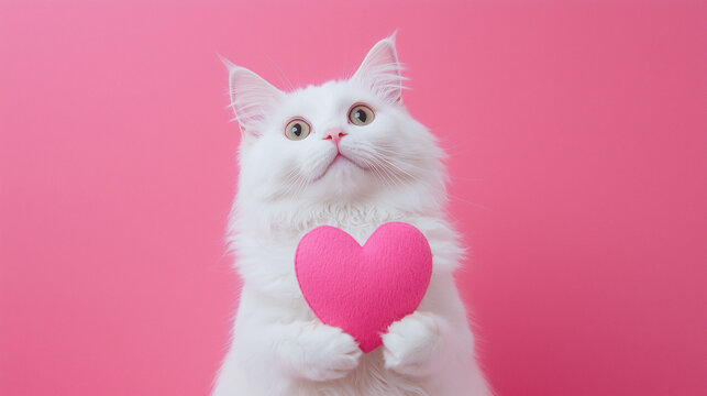 cute white cat with heart for valentines day