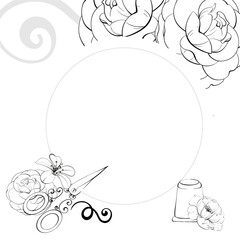 Obraz premium Vintage sewing tools template - scissors, buttons, pin, Centimeter with roses. Circle frame for design with romantic flowers. Vintage old fashion, tailoring for postcard, fabric, printing. Graphic