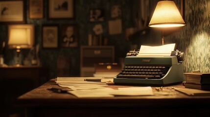 vintage typewriter on a table, surrounded by various documents. The lighting emphasizes the aged feel of the typewriter and the paper,