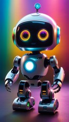 A robot with bright lights on its face stands on a colorful background