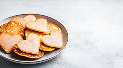 Heart shaped pancakes on plate, perfect for romantic breakfast