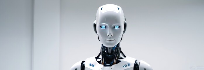 A robot with blue eyes stands in front of a white wall