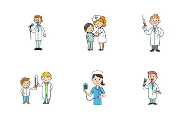 Naklejka premium Set of doctor and nurse treatment vector illustration