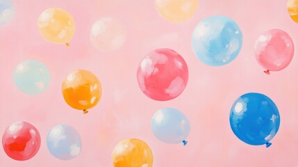 Colorful pastel balloons float against a pink background.