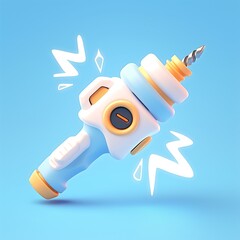 Colorful cartoon-style drill on blue background with action lines