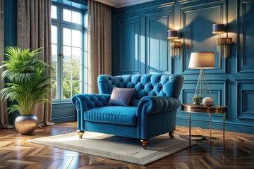 Fototapeta premium Luxurious Blue Living Room Design: Cozy Armchair 3D Rendering - Interior Design Inspiration
