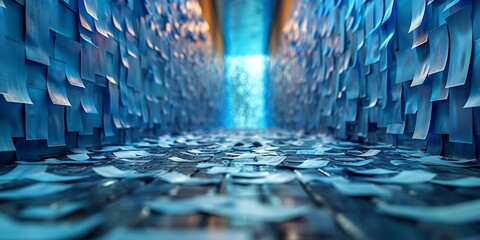 Abstract perspective view of a corridor filled with scattered blue papers and glowing light, creating a surreal