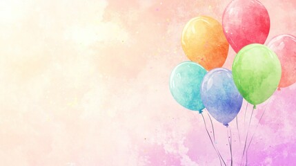 Colorful watercolor balloons floating on a pastel background with confetti.