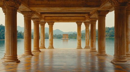 Ancient colonnaded pavilion over tranquil lake, serene and majestic.