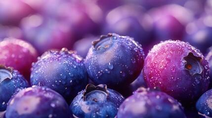 Fresh blueberries scattered on a vibrant purple background