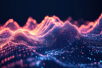 Abstract digital landscape with glowing particles forming wavy mountains.