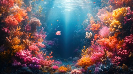 Fototapeta premium Vibrant coral reef, sunlight, colorful fish.