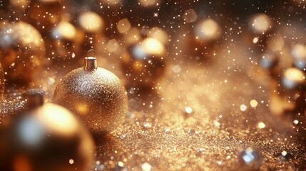 Golden holiday ornaments shimmering with sparkling lights in festive atmosphere