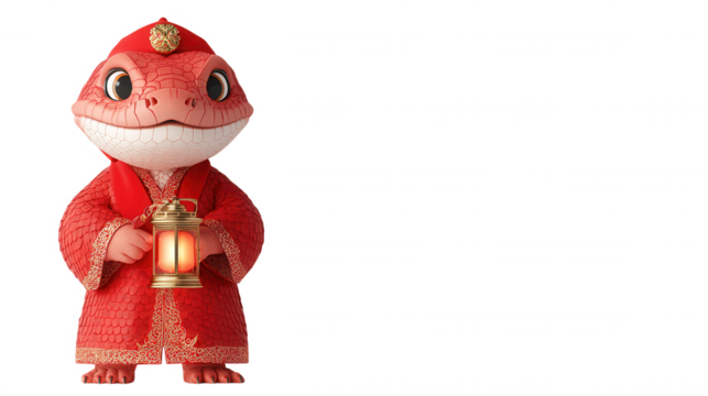 Charming cartoon character in a traditional red robe, holding a lantern with a bright smile, perfect for children's and playful