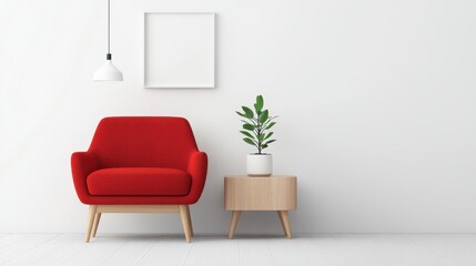 Modern minimalist interior with red armchair, plant, wooden table, and pendant lamp
