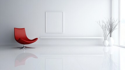 Minimalist interior with red chair, white wall, abstract art, and modern decor