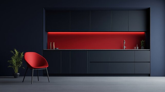 Modern minimalist kitchen with black cabinets and red accent lighting