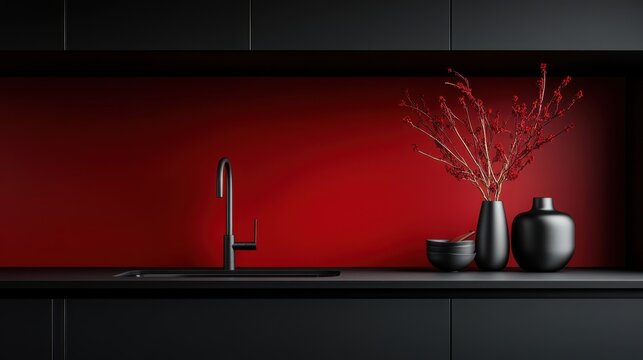 Modern black kitchen with red accent wall and minimalist decor