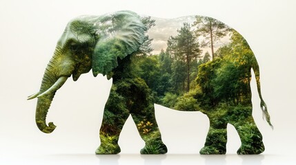 Elephant silhouette double exposed with lush forest landscape.