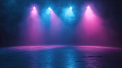 Stage lights neon glow empty room dance club. An empty room with a concrete floor, lit by spotlights casting blue and pink beams in a smoky haze. The stage is ready for a performance