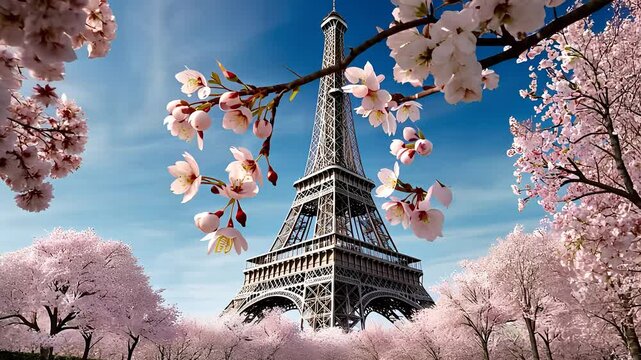 Eiffel Tower Framed by Blooming Pink Cherry Blossoms Against a Clear Blue Sky in Springtime

