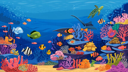 Colorful corals and exotic fish, underwater coral reef panoramic background, marine life ecosystem wallpaper illustration