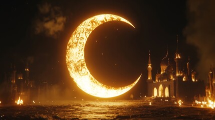 Fototapeta premium 3D Render of Shiny Exquisite Crescent Moon With Carved Mosque On Night Background