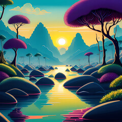 Tropical southeast asian landscape with traditional jungle and plants in the front and islands, sea and yachts in the background. Retro travel poster.generative ai