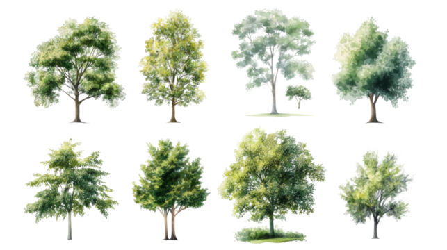 Diverse tree illustrations with transparency background nature art botanical collection bright environment artistic viewpoint