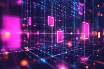 Abstract digital network with glowing pink and blue lines and squares.