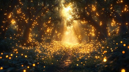 Enchanted forest path, glowing fireflies, magical ambiance.
