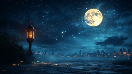 Naklejka premium Majestic mosque silhouette against a vibrant sunset sky with celestial bodies