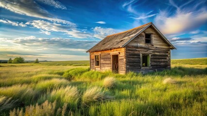 Obraz premium A weathered wooden cabin stands alone amidst a field of tall grass, bathed in the soft glow of a summer evening sky.