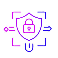 Obraz premium Minimalist data security icon with shield, lock, and arrows. Perfect for content about cybersecurity, data protection, and digital threats. Symbol of danger, viruses, and data breaches