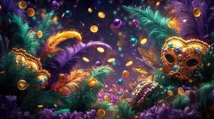 A vibrant and colorful scene featuring ornate masks, feathers, and beads, evoking a festive atmosphere reminiscent of a carnival celebration.