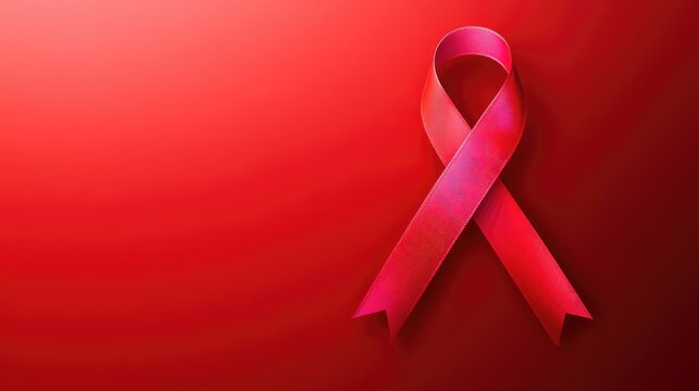 Red AIDS awareness ribbon on a red background, vector art style.