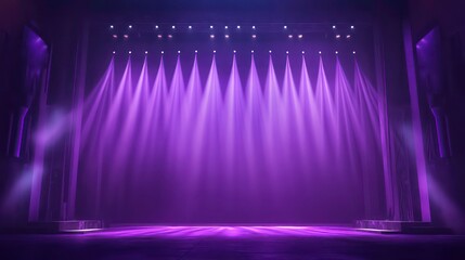 Purple stage background, Purple stage lights with spotlights casting beams of light on a dark empty stage.