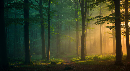 Obraz premium Magical Sunrise Forest Path Misty Woods Trees Nature