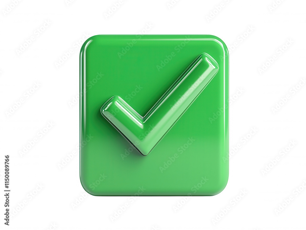 Wall mural glossy green check mark icon on a pristine white background for use in digital and communication, sy