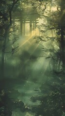 Fototapeta premium tranquil misty oasis: wandering through a shimmering foggy sanctuary. generative ai