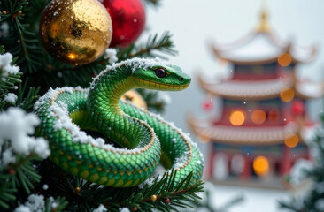 Fototapeta premium A green snake sits on a Christmas tree decorated for new year against the background of a snow-covered Chinese pagoda
