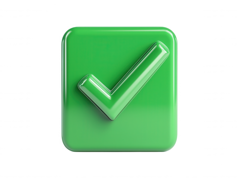 Glossy Green Check Mark Icon on a Pristine White Background for Use in Digital and Communication, Symbolizing Approval and Completion in Various Contexts