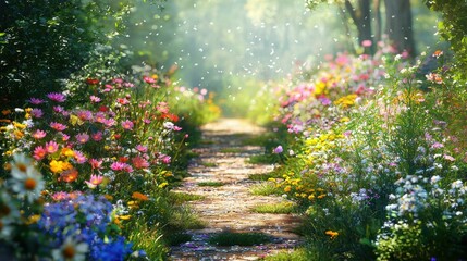 Obraz premium Serene Garden Pathway with Wildflowers and Soft Bokeh Effect